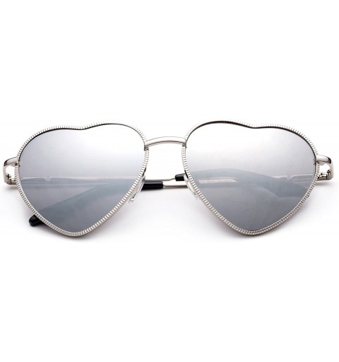 Aviator Women Heart Sunglasses Metal Frame Spring Hinged Lovely Aviator Heart Shape Mirror Flash Lens - Silver Mirror - C118K...