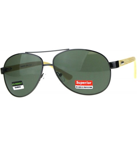 Oval Real Bamboo Wood Temple Sunglasses Oval Aviator Unisex Shades UV 400 - Gunmetal (Green) - CB18D2XG4UD $28.79
