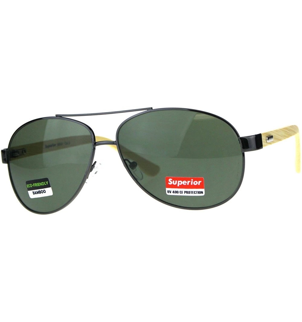 Oval Real Bamboo Wood Temple Sunglasses Oval Aviator Unisex Shades UV 400 - Gunmetal (Green) - CB18D2XG4UD $14.56
