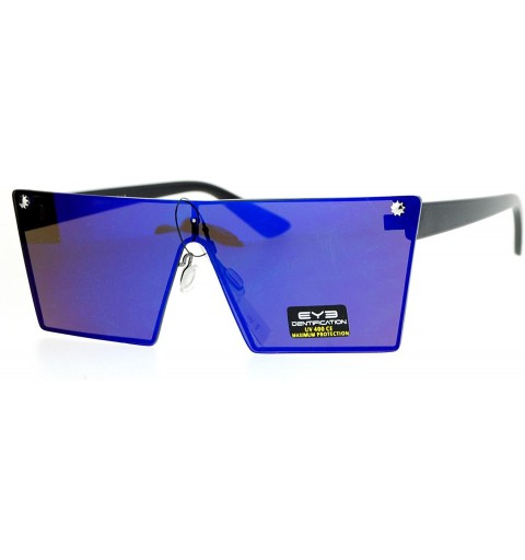 Rectangular Futuristic Fashion Sunglasses Trapezoid Full Flat Mirror Lens Back Metal Rims - Black (Blue Mirror) - CZ1875OCGWU...