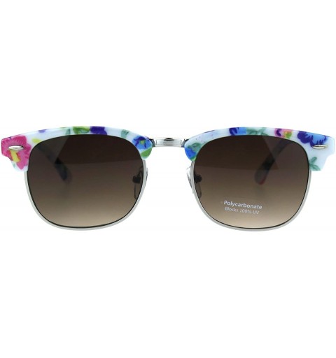 Rectangular Womens Flower Rectangular Half Horned Rim Hipster Sunglasses - White Floral Smoke - C2182H5QHNT $13.72