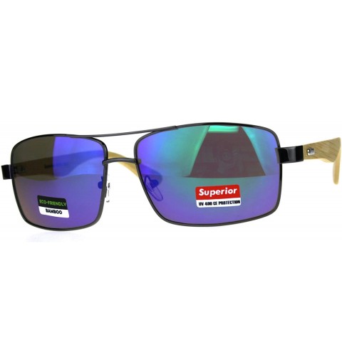 Rectangular Mens Color Mirror Metal Pilots Officer Bamboo Wood Arm Sunglasses - Gunmetal Teal - CU180AQ2C60 $10.81