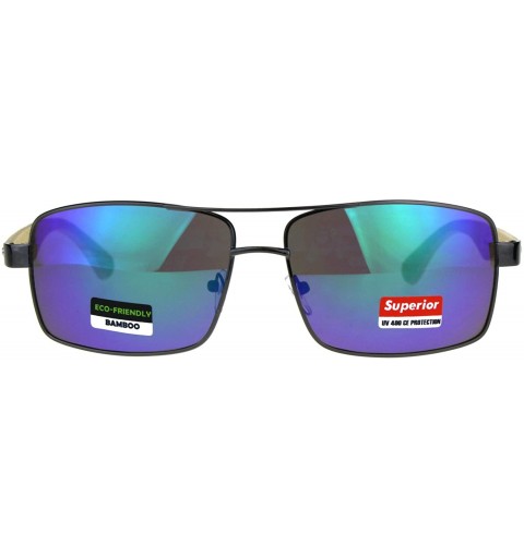 Rectangular Mens Color Mirror Metal Pilots Officer Bamboo Wood Arm Sunglasses - Gunmetal Teal - CU180AQ2C60 $10.81