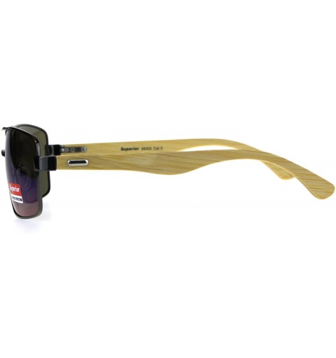 Rectangular Mens Color Mirror Metal Pilots Officer Bamboo Wood Arm Sunglasses - Gunmetal Teal - CU180AQ2C60 $10.81