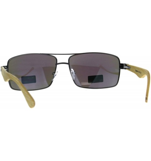 Rectangular Mens Color Mirror Metal Pilots Officer Bamboo Wood Arm Sunglasses - Gunmetal Teal - CU180AQ2C60 $10.81