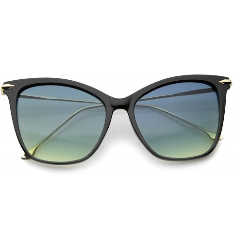 Cat Eye Oversize Ultra Slim Metal Temples Gradient Colored Lens Cat Eye Sunglasses 55mm - Black / Blue-yellow - CH12N2TNFHK $...
