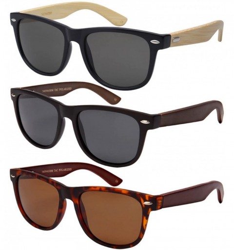 Rectangular Retro Horned Rim Style Sunglasses w/Bamboo Temple 540946 - Matte Black+grey Bamboo - C1185944SU5 $15.82