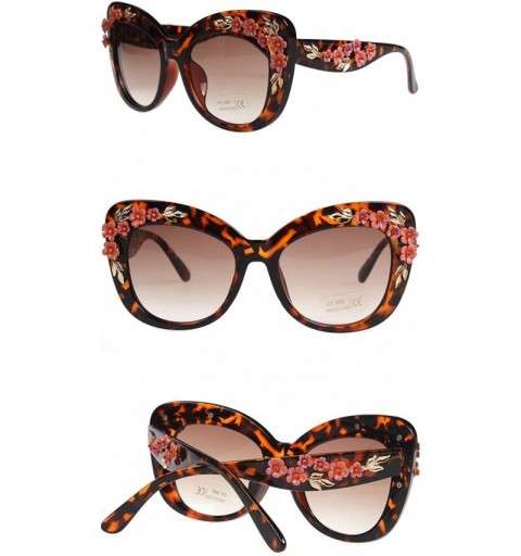 Round Women's Floral Stud Embellished Party Oversized Butterfly Sunglasses - Brown Tortoise - CW187QH5CQN $29.62