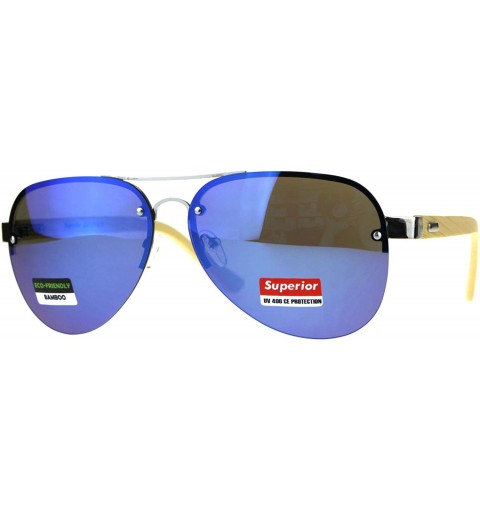 Rimless Mens Bamboo Wood Arm Color Mirror Rimless Officer Pilots Sunglasses - Blue - CG18CAZGAY3 $12.44