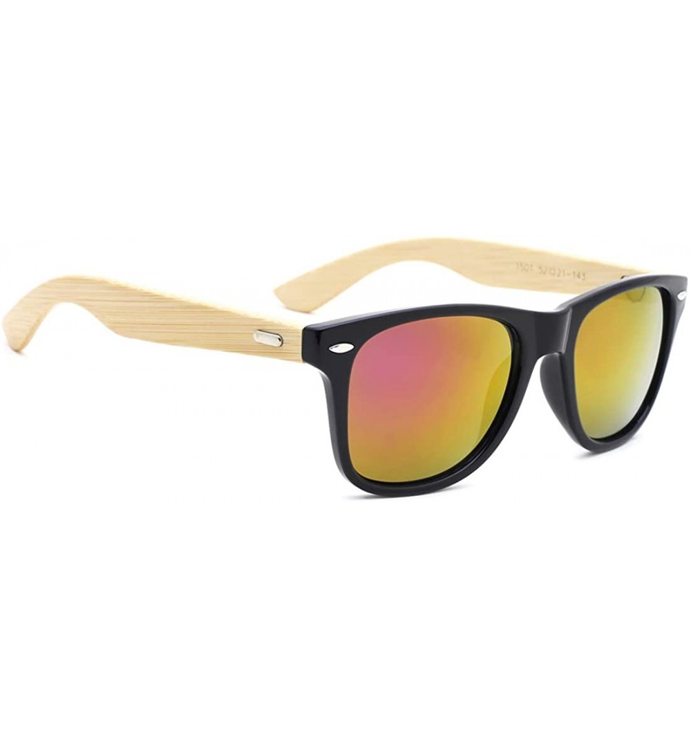 Wayfarer Fashion Square Bamboo Wood Mirrored Sunglasses for Men Women - Black Frames/Purple Lens - CR183IIAXRN $12.61