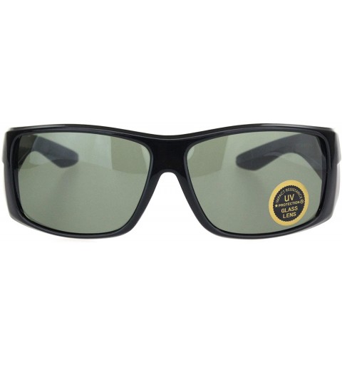 Rectangular Mens Thick Temple Glass Lens Rectangular Warp Black Cholo Sunglasses - Shiny Black - CM18OX223W3 $10.04