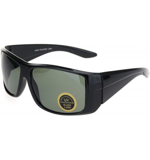 Rectangular Mens Thick Temple Glass Lens Rectangular Warp Black Cholo Sunglasses - Shiny Black - CM18OX223W3 $10.04