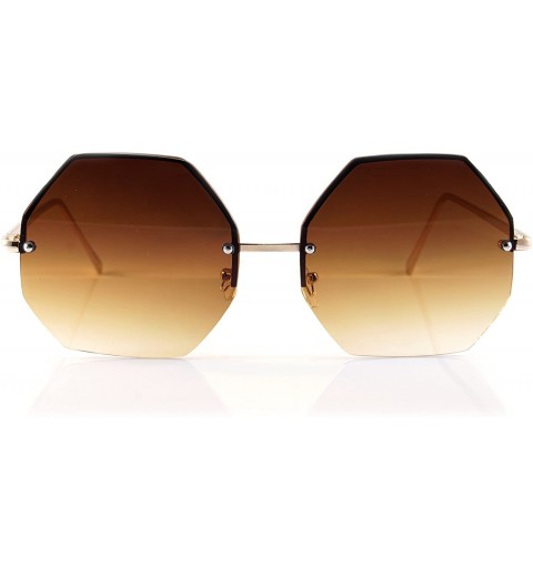 Rimless Oversize Hippie Octagonal Oceanic Color Gradient Flat Lens Sunglasses A195 - Gold/ Brown Gr - CM18EI9S2CC $12.35