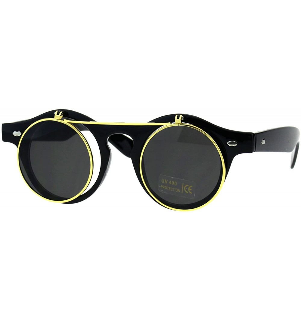 Round Hipster Filp Up Circle Lens Plastic Horned Sunglasses - All Black - CA18E9K58H6 $8.46