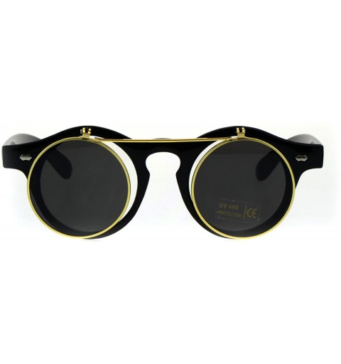 Round Hipster Filp Up Circle Lens Plastic Horned Sunglasses - All Black - CA18E9K58H6 $8.46