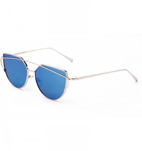 Rectangular "Boca" Cat Eye Mirrored Flat Lenses Street Fashion Metal Frame Women Sunglasses - Blue - C012M3W450P $9.98