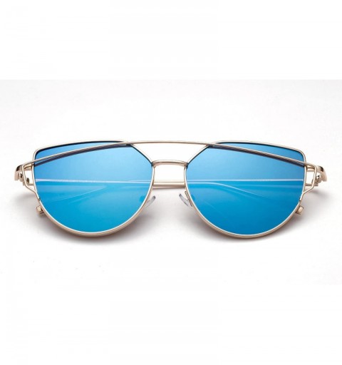 Rectangular "Boca" Cat Eye Mirrored Flat Lenses Street Fashion Metal Frame Women Sunglasses - Blue - C012M3W450P $9.98