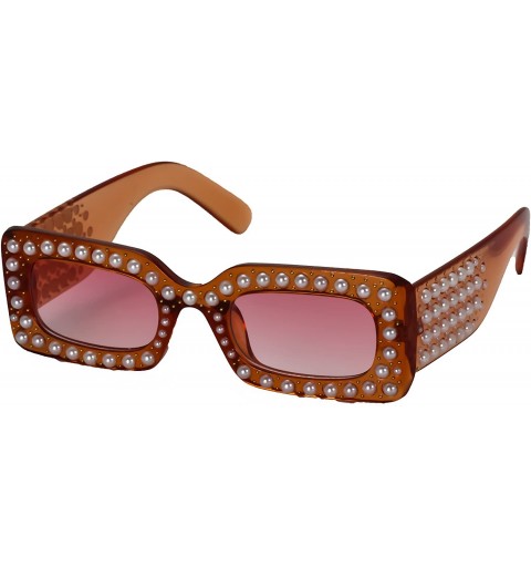 Rectangular Venetian Pearl Sunglasses Rectangular Frame Rhinestone Women Fashion Shades 2018 - Orange/Pink - CL18D5LOMNK $10.00