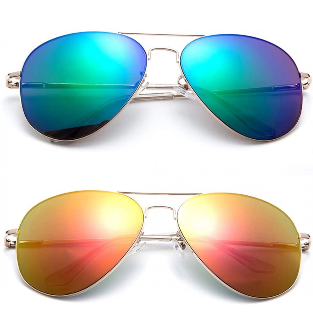Aviator Classic Aviator Sunglasses Flash Mirror lenses Slim Frame Spring Hinge Clear Tip - 2 Pack Green & Orange - CY185378ED...