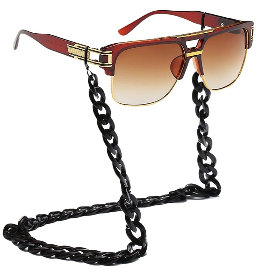 Square Men Women Square Retro Reflective Metal Frame Glasses Chain Strap Sunglasses - Brown - CT18CYTDN2E $22.01