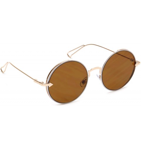 Round Round Sunglasses Circle Flat Lens Metal Arm Men Women Style - Brown - CX18EXI2C6L $11.31
