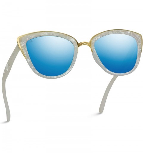 Wayfarer Womens Cat Eye Mirrored Reflective Lenses Oversized Cateyes Sunglasses - White Marble Frame / Mirror Blue Lens - CJ1...