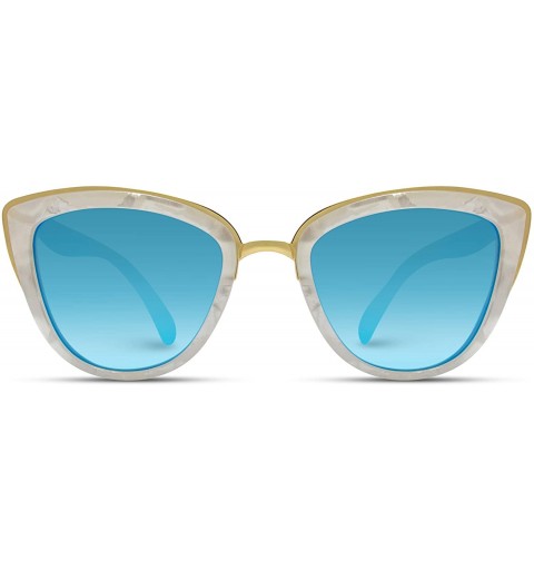 Wayfarer Womens Cat Eye Mirrored Reflective Lenses Oversized Cateyes Sunglasses - White Marble Frame / Mirror Blue Lens - CJ1...