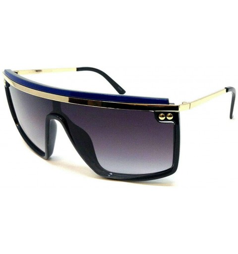 Shield Flat Top One Piece Shield Lens Wrap Around Aviator Sunglasses - Blue- Black & Gold Frame - C218XURA8NG $21.91