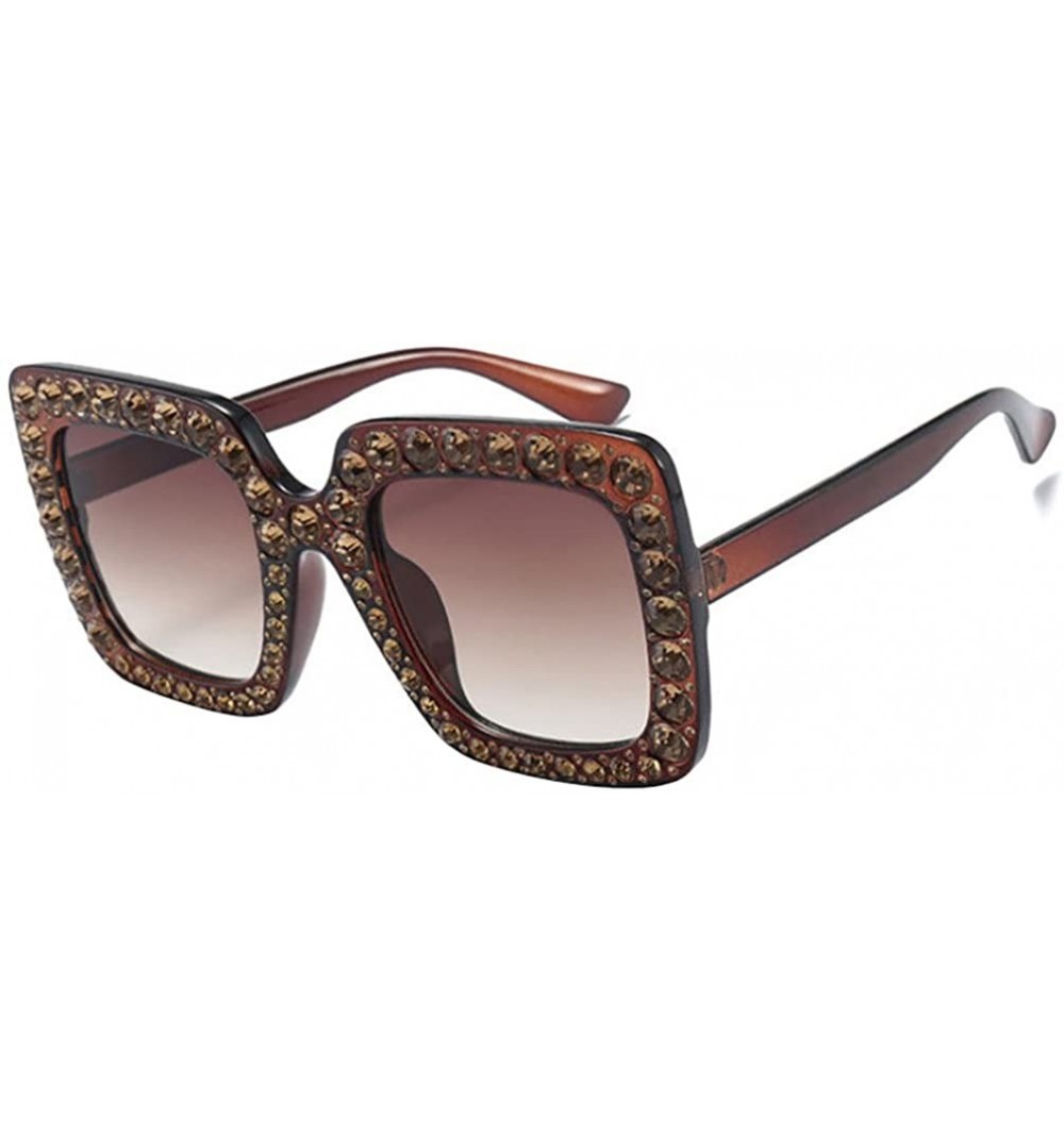 Square Rhinestone Women Square Sunglasses Oversized Vacation Beach Eyewear UV400 Protection - Brown - C518E2I7OEG $8.56