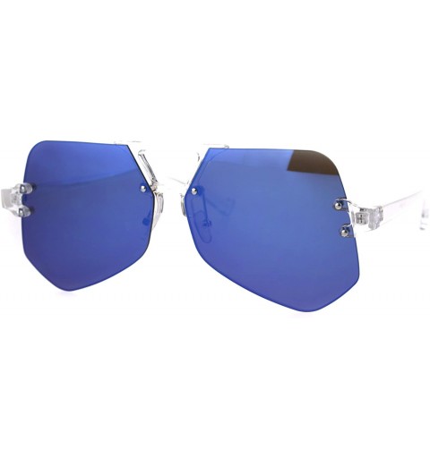 Rimless Color Mirror Trendy Clear Frame Rimless Squared Racer Flat Plastic Sunglasses - Blue Mirror - C3185NN656C $14.45