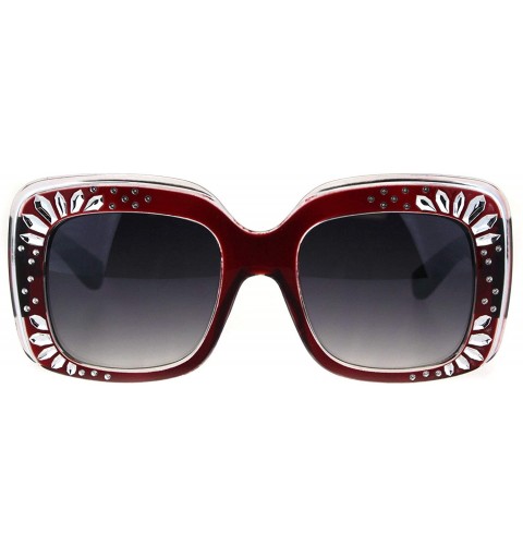 Rectangular Concave Engrave Bling Sparkling Jewel Rectangular Thick Plastic Sunglasses - Burgundy Smoke - CG18H6QNS9Z $13.40