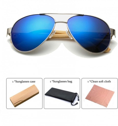 Aviator Wood Glasses - UV Protection Aviator Sunglasses for Men and Women Bamboo Sunglasses Set - Silver Frame/Blue Lens - CS...