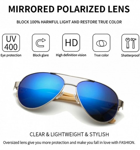 Aviator Wood Glasses - UV Protection Aviator Sunglasses for Men and Women Bamboo Sunglasses Set - Silver Frame/Blue Lens - CS...
