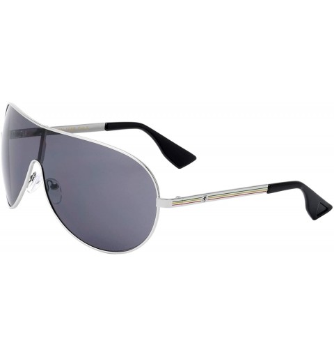Shield Three Line Temple Curved One Piece Shield Lens Sunglasses - Black Silver Color Lines - CL199IHWAG7 $40.77