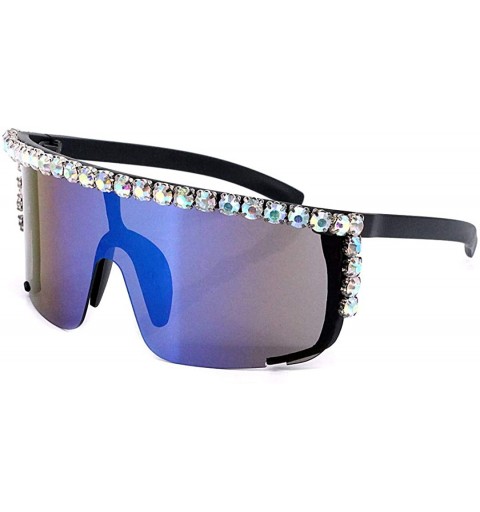 Wrap Rhinestone Oversize Shield Visor Sunglasses Flat Top Mirrored Mono Lens - Grey Mirror - CX19DSLLADS $17.50