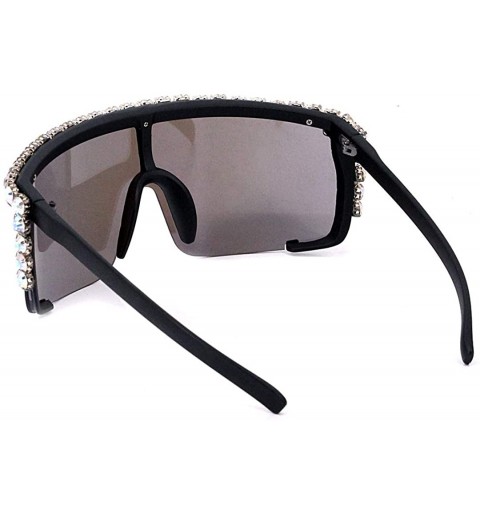 Wrap Rhinestone Oversize Shield Visor Sunglasses Flat Top Mirrored Mono Lens - Grey Mirror - CX19DSLLADS $17.50