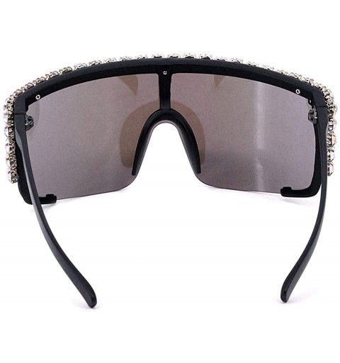 Wrap Rhinestone Oversize Shield Visor Sunglasses Flat Top Mirrored Mono Lens - Grey Mirror - CX19DSLLADS $17.50