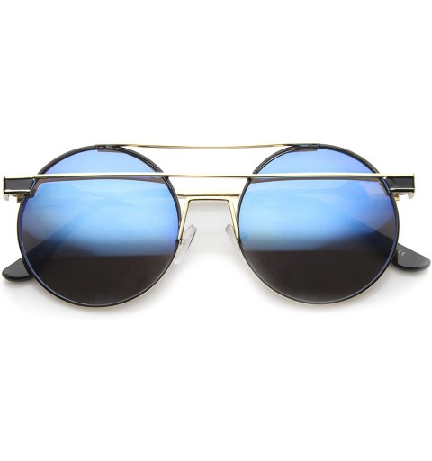 Round Modern Metal Frame Double Bridge Colored Mirror Lens Round Sunglasses 59mm - Gold-black / Blue Mirror - CL12I21QAPN $16.93