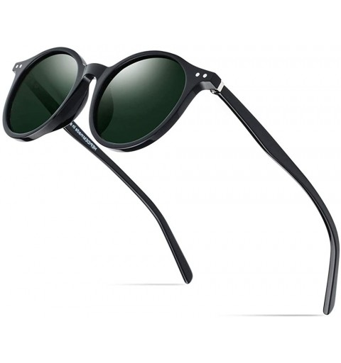 Round Vintage Polarized Sunglasses for Women - 100% UV400 Protection Acetate Frame 9116 - Black Frame Dark Green Lens - CK18T...