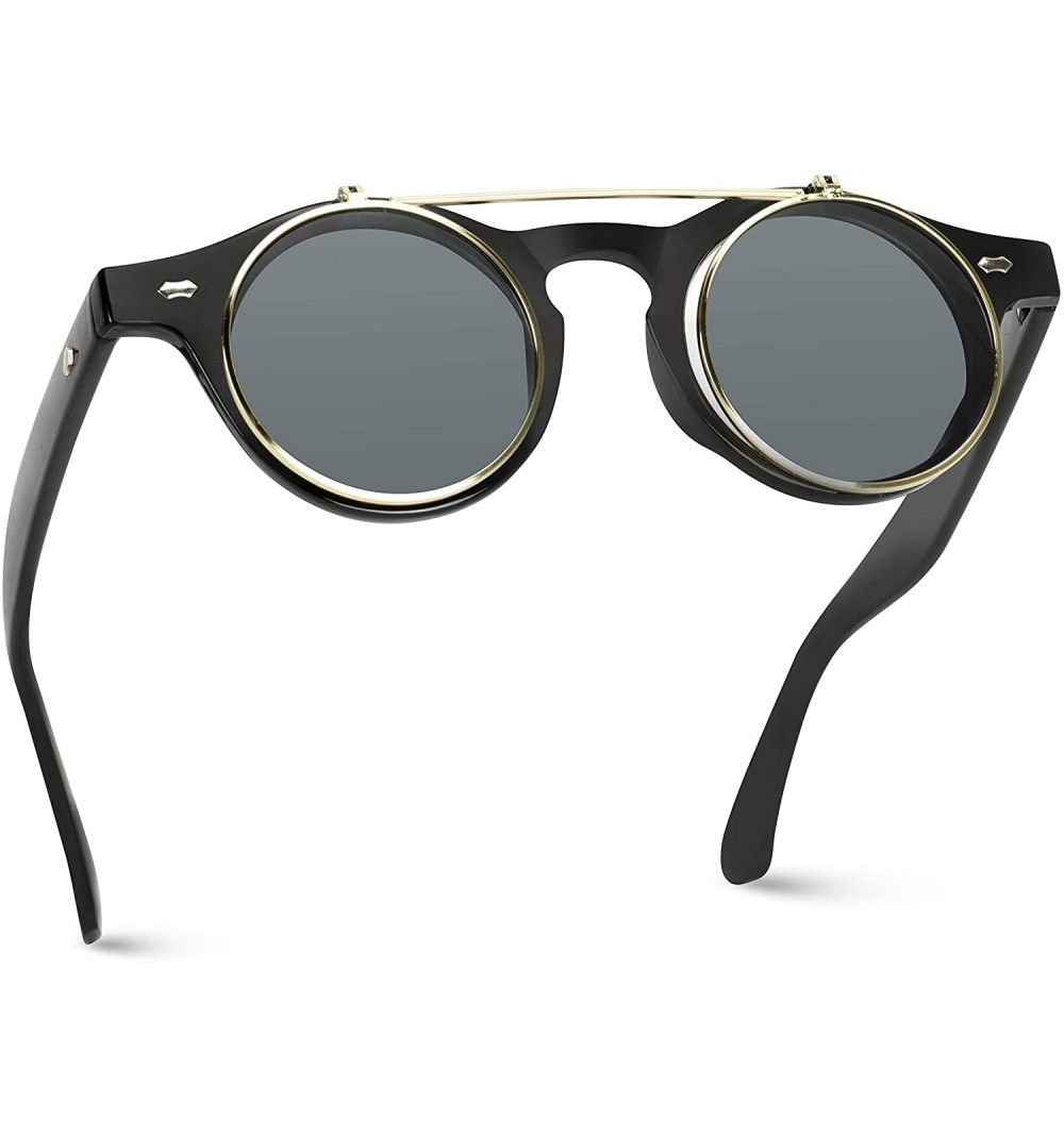 Round Flip up Cyber Steampunk Round Circle Retro Sunglasses - Black Frame / Gold Rimmed / Black Lens - CP124655W2H $14.60