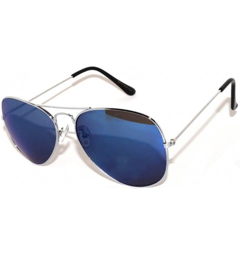 Aviator Classic Aviator Style Sunglasses Full Mirror Lens Metal Silver Color Frame Blue Lens Men Women - CE11MW5MTX9 $8.72