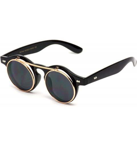 Round Flip up Cyber Steampunk Round Circle Retro Sunglasses - Black Frame / Gold Rimmed / Black Lens - CP124655W2H $14.60