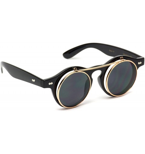 Round Flip up Cyber Steampunk Round Circle Retro Sunglasses - Black Frame / Gold Rimmed / Black Lens - CP124655W2H $14.60