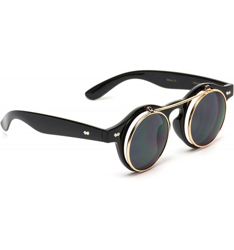 Round Flip up Cyber Steampunk Round Circle Retro Sunglasses - Black Frame / Gold Rimmed / Black Lens - CP124655W2H $14.60