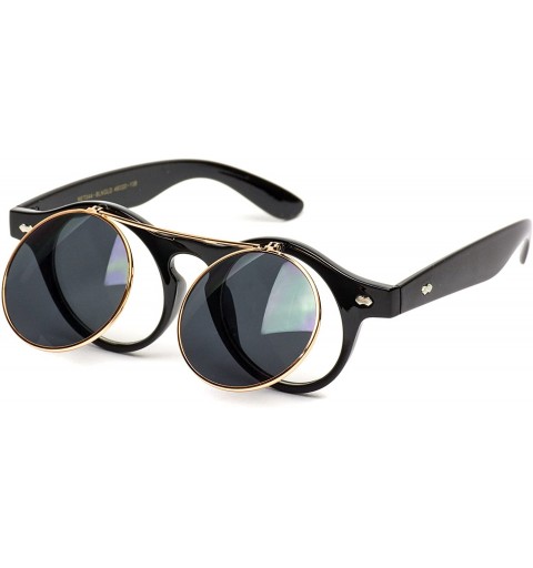 Round Flip up Cyber Steampunk Round Circle Retro Sunglasses - Black Frame / Gold Rimmed / Black Lens - CP124655W2H $14.60