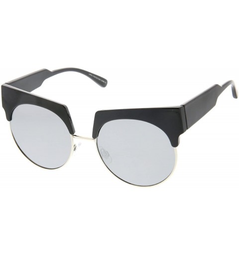 Cat Eye Bold Wide Temple Colored Mirror Round Lens Half-Frame Cat Eye Sunglasses 57mm - Black-gold / Silver Mirror - CX12MY7U...