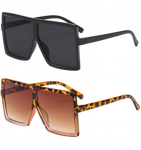 Oversized Square Oversized Sunglasses for Women Men Flat Top Fashion Shades - 2pcs-leopard Tea Frame+black - C1190E35N7Q $15.38