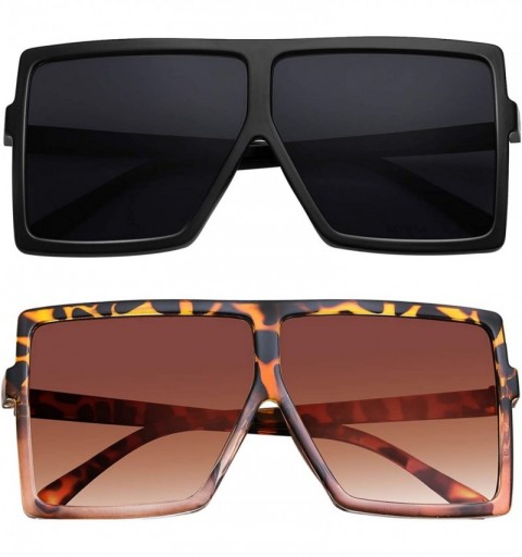 Oversized Square Oversized Sunglasses for Women Men Flat Top Fashion Shades - 2pcs-leopard Tea Frame+black - C1190E35N7Q $15.38