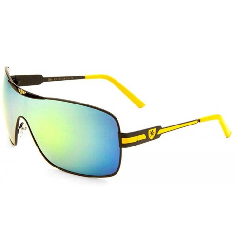 Aviator Khan Wrap Around Shield Aviator One Piece Iridium Flash Lenses Sunglasses - Black & Yellow Frame - C918XG09IGQ $25.95