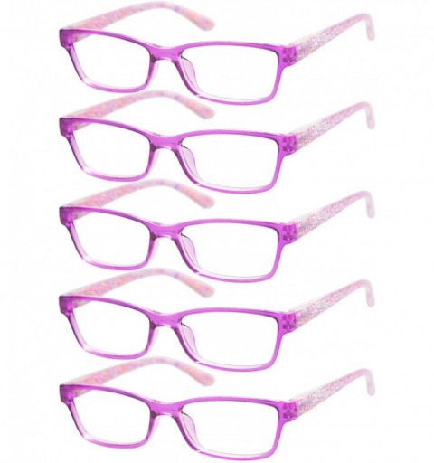 Rectangular 3 Pairs of Patterned Ladies' Quality Spring Hinge Reading Glasses with Pouch - 5 Pairs Value Pack in Purple - CW1...